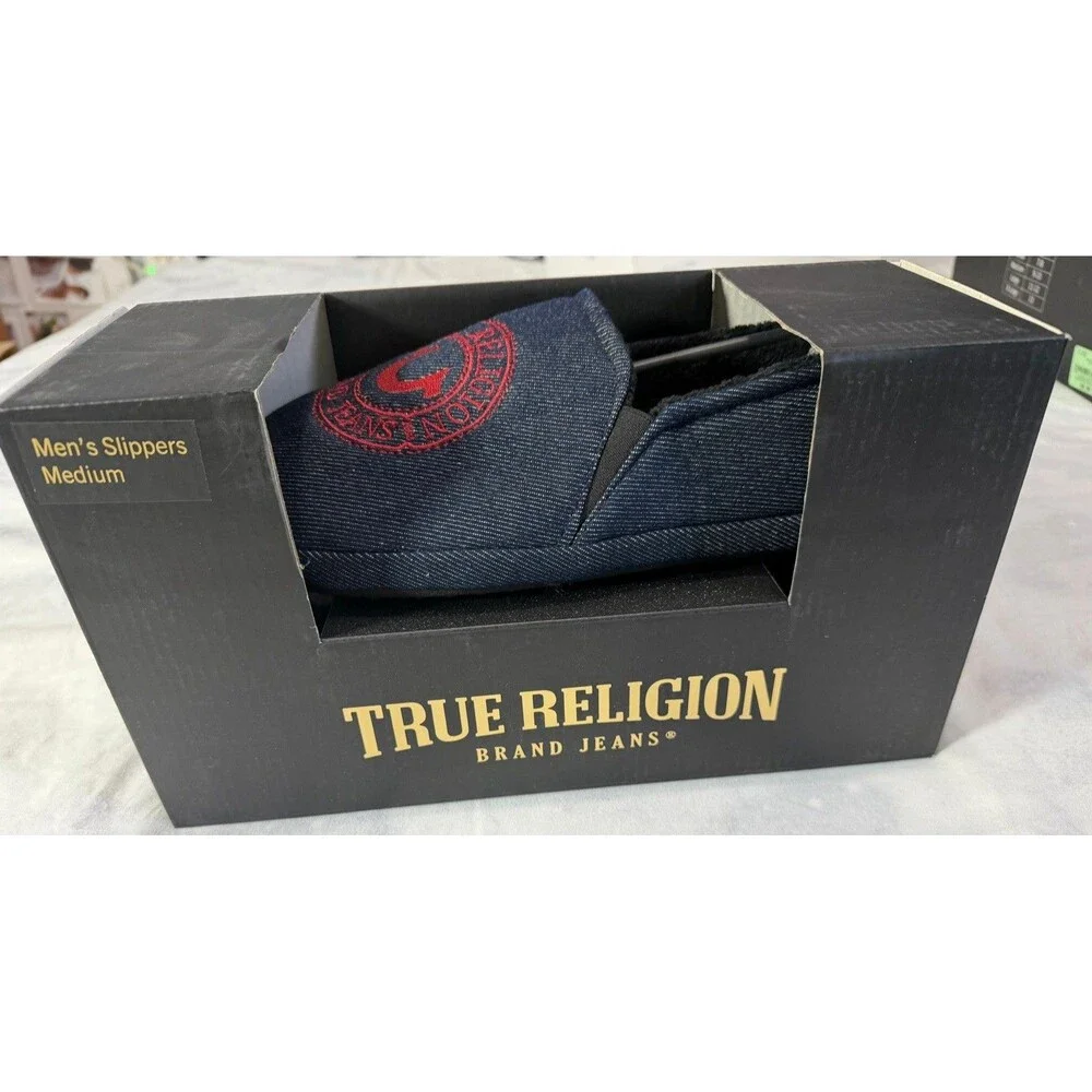 True Religion Men’s Denim Slippers Medium Blue Red Logo New With Box